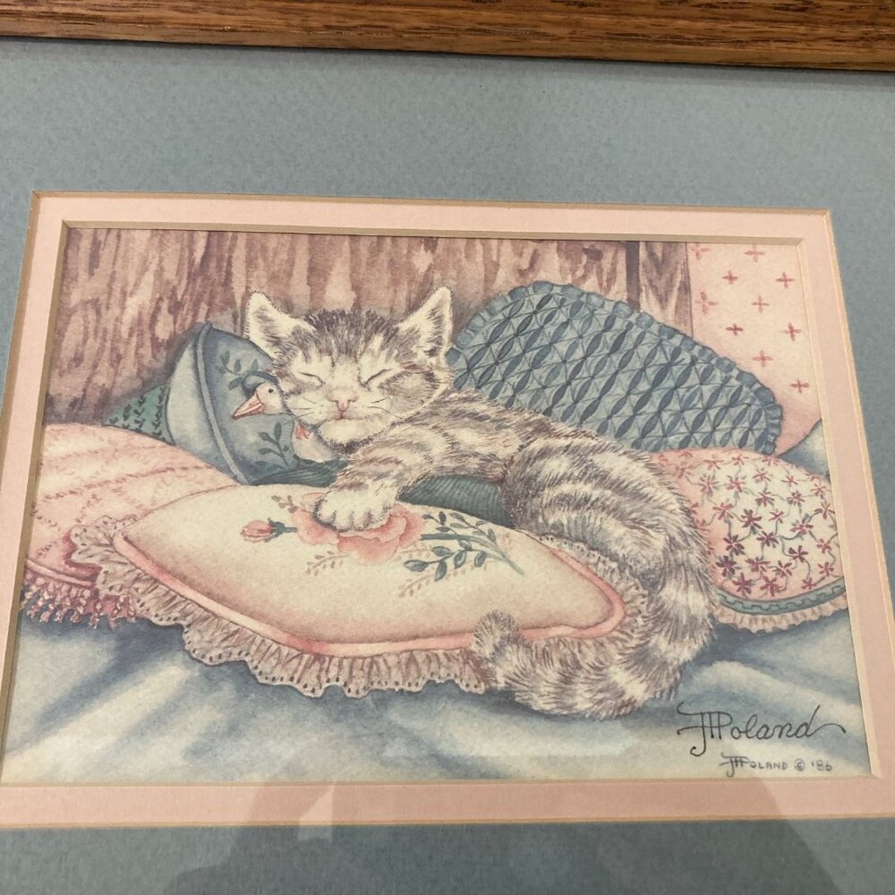 Watercolor Painting Of Cat Kitten Sleeping On Pillows Signed JT Poland